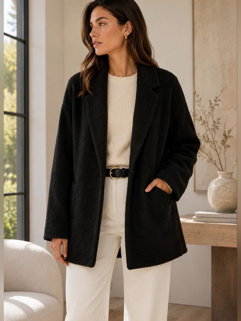 VINCE Oversized Sweater Knit Blazer Merino Wool Alpaca Black Open Front Large - Picture 1 of 16